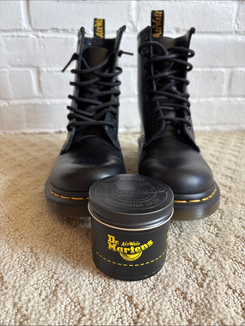 Dr. Marten Classic Black Lace-Up Combat Boots with Yellow Stitching
